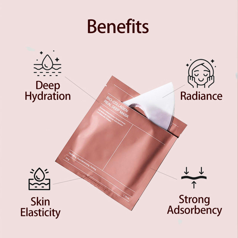 Skincare mask packaging with benefits listed on a pink background