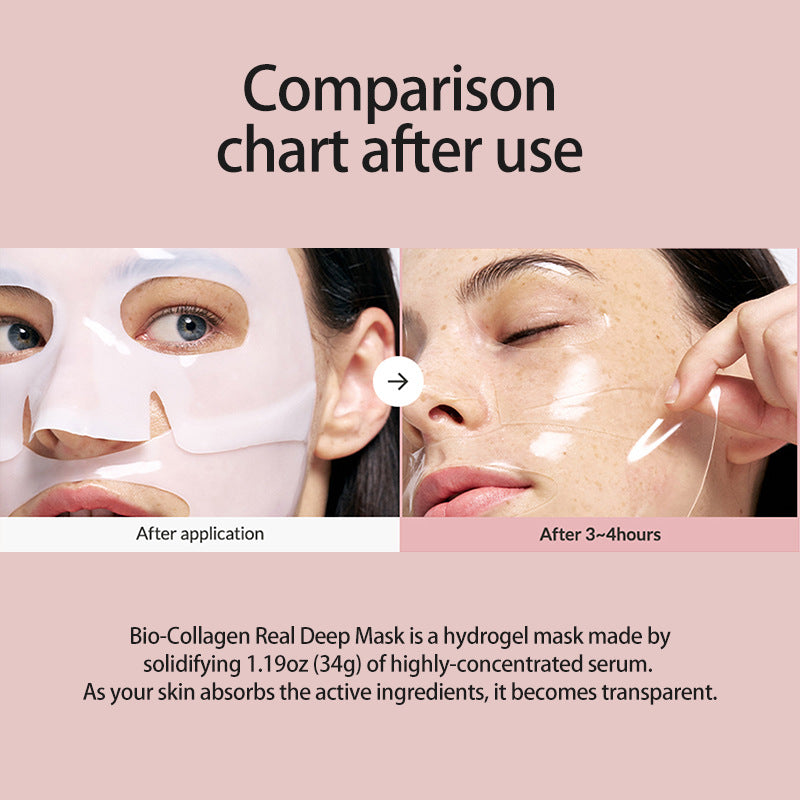 Comparison chart of a hydrogel mask application on skin, showing before and after effects.