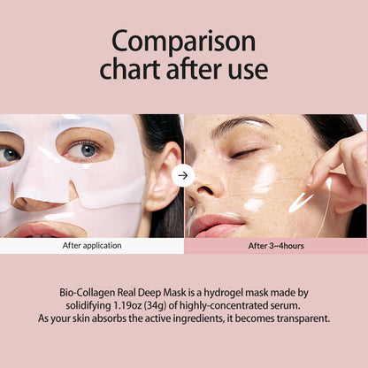 Comparison chart of a hydrogel mask application on skin, showing before and after effects.