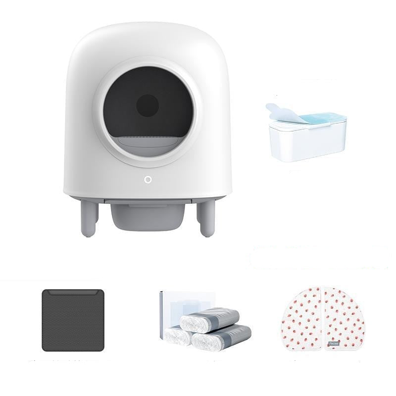 Pet litter box with additional accessories on a white background