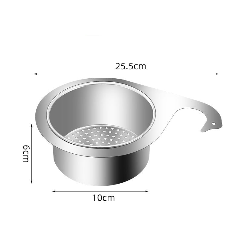 Stainless steel strainer with dimensions labeled on a white background