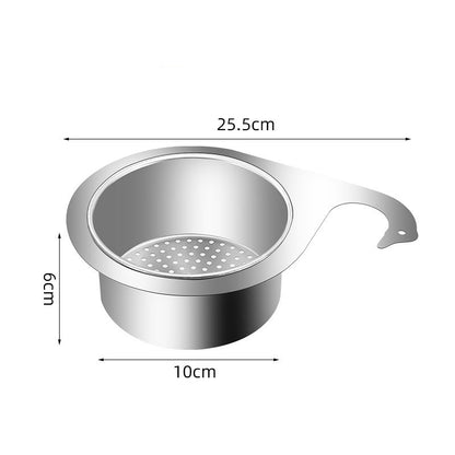Stainless steel strainer with dimensions labeled on a white background