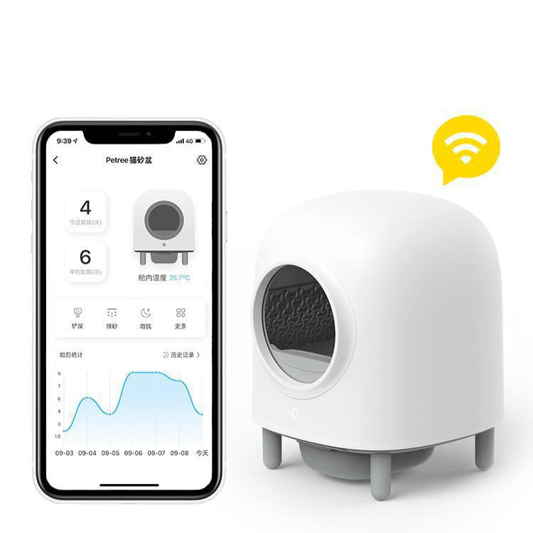 White electronic Smart Cat Litter Box with smartphone displaying app interface on a white background