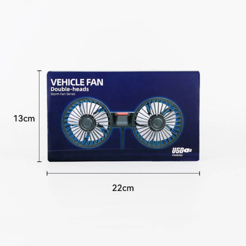 Double-head vehicle fan with dimensions on a white background