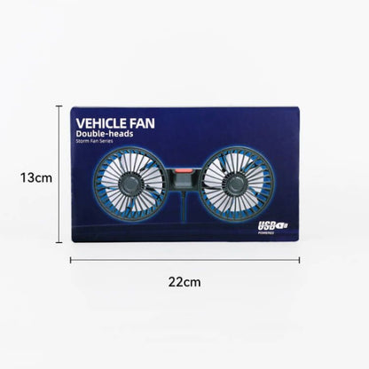 Double-head vehicle fan with dimensions on a white background