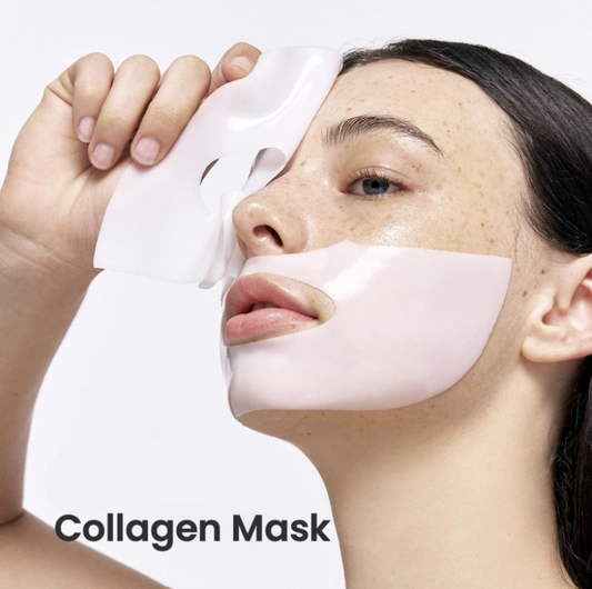Woman wearing a collagen mask product.