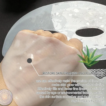 Skincare mask with text on restoring skin firmness and plumpness, featuring aloe vera.