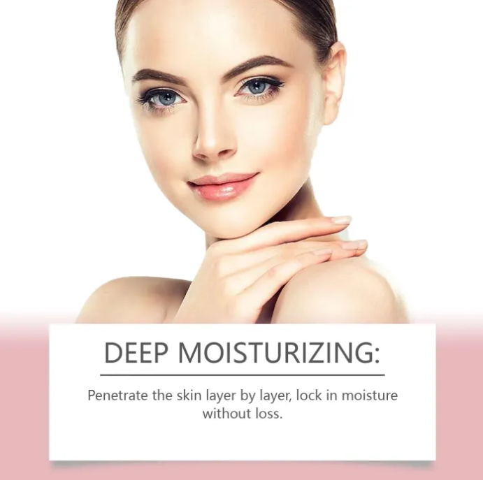 Woman with smooth skin and text about deep moisturizing on a light pink background