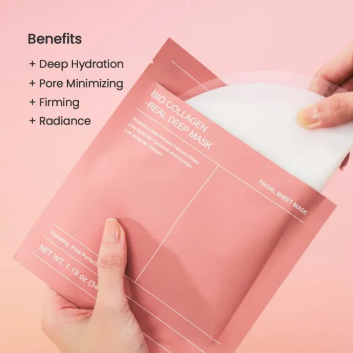 Sheet mask packaging with benefits listed on a pink background