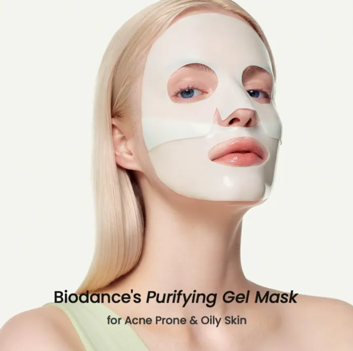 Woman wearing a Biodance's Purifying Gel Mask on a white background