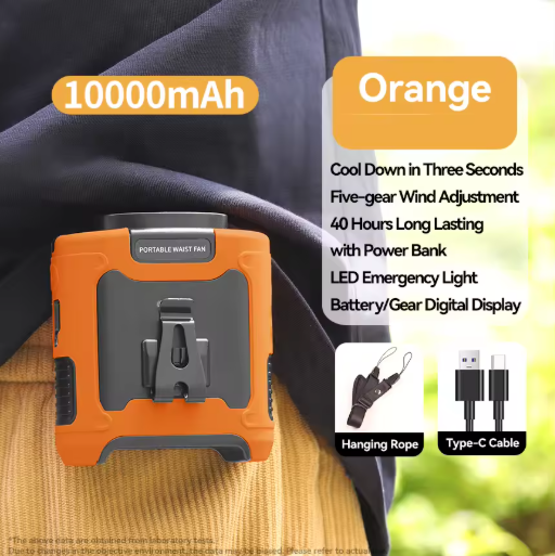Orange portable waist fan with features listed on a blurred background