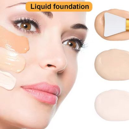 Close-up of a woman's face with liquid foundation application and a makeup brush.
