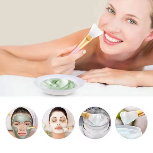 Woman applying a green facial mask with a facial silicone mask brush, surrounded by close-up insets of the mask and tools.