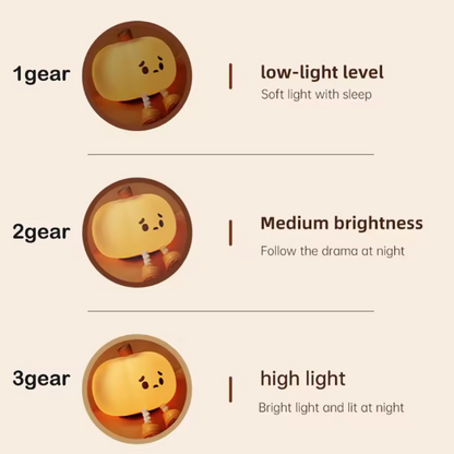 Illustrations of a soft light device with different brightness settings on a beige background.